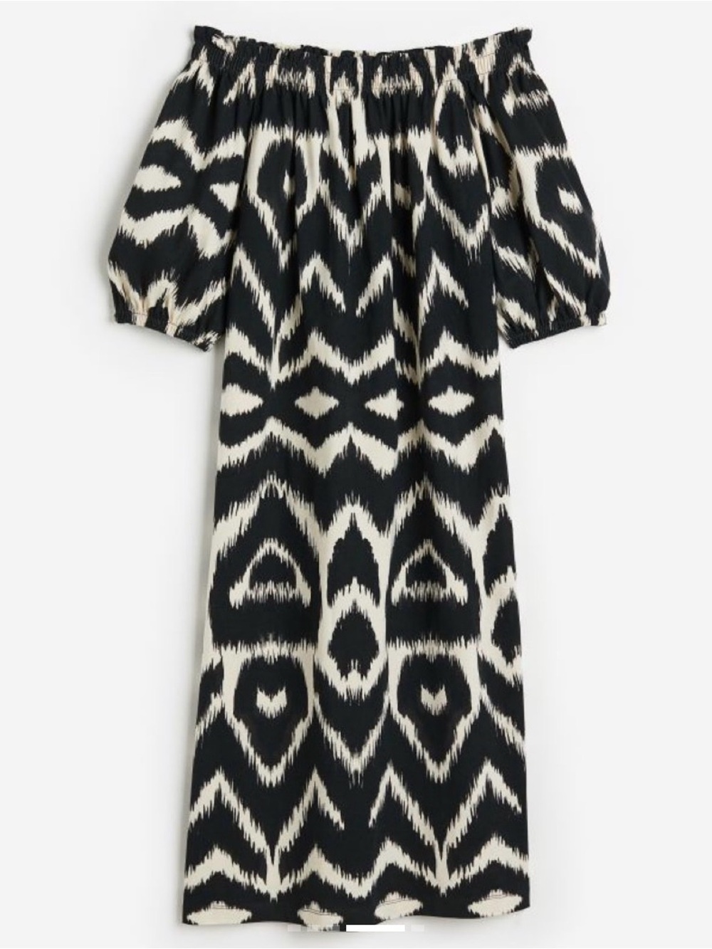 H&M Large Black White 100% Cotton Ikat Off Shoulder Smocked Midi Dress Pockets L